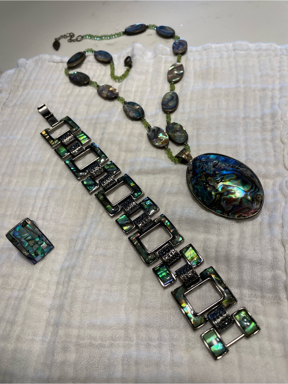 Abalone Shell Bracelet, Ring Set+Necklace+Silver Earrings- Iridescent Green Blue